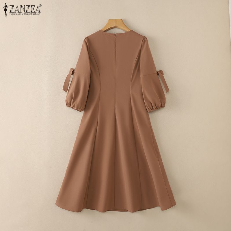 ZANZEA Women Daily Casual Round Neck 3/4 Sleeve Elegant Dress