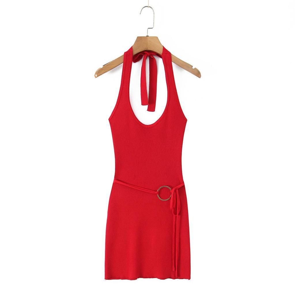 SAW American Style Red Spicy Girl Metal Strap Halter Waist-Cinching Bodycon Dress