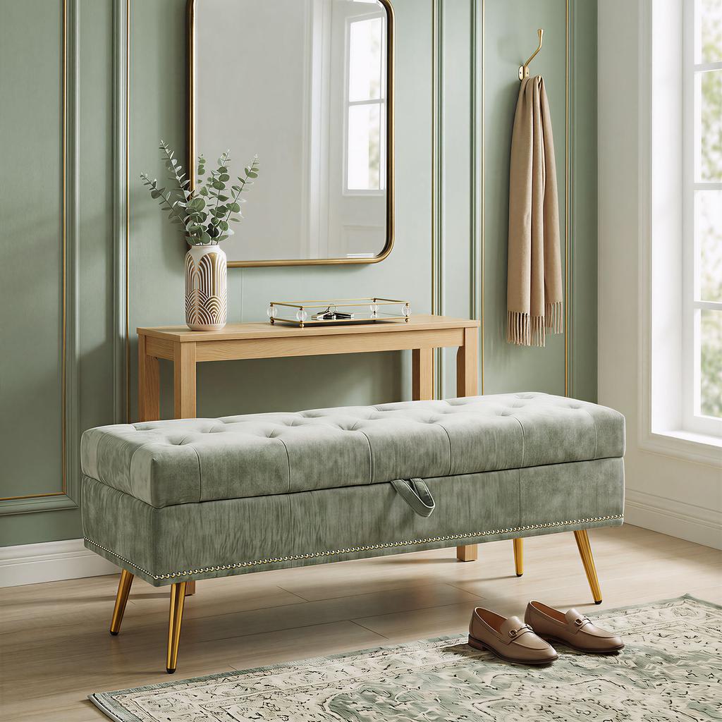 Storage Ottoman, Chenille Upholstered Ottoman Storage Box with Padded Seat, Metal Legs, 114 X 41 X 45 Cm, Light Green