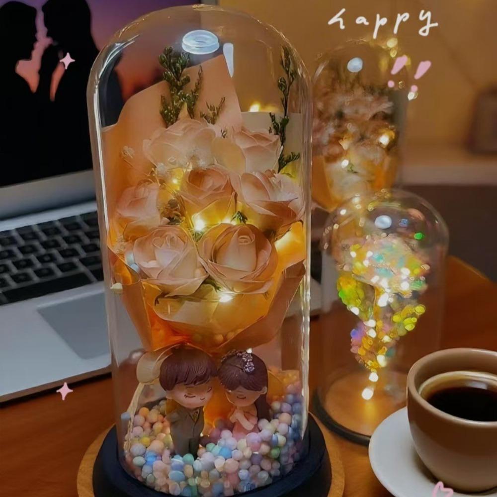 Colorful Eternal Rose Flower Lover Figurines Transparent Cover Rose Bouquet Ornament Living Room Decor Real Touch Flower