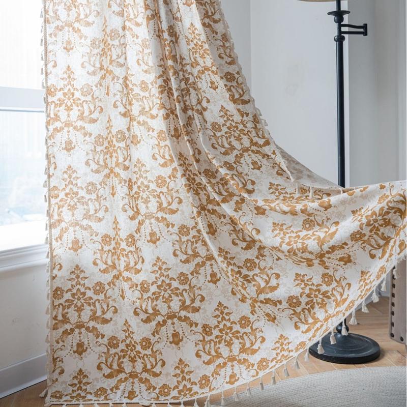 

Curtain Finished Khaki European Print Fringe Window Living Room Kitchen Curtain Semi-blackout Bay Window Factory Direct Supply W150 x H160cm&Threading Rod