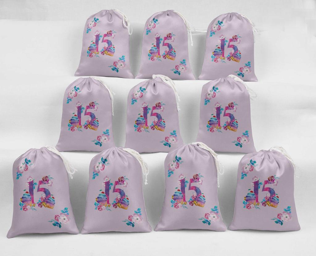 Darling Souvenir Purple Floral Quinceanera Party Supplies Drawstring Pouches Favor Bags 15