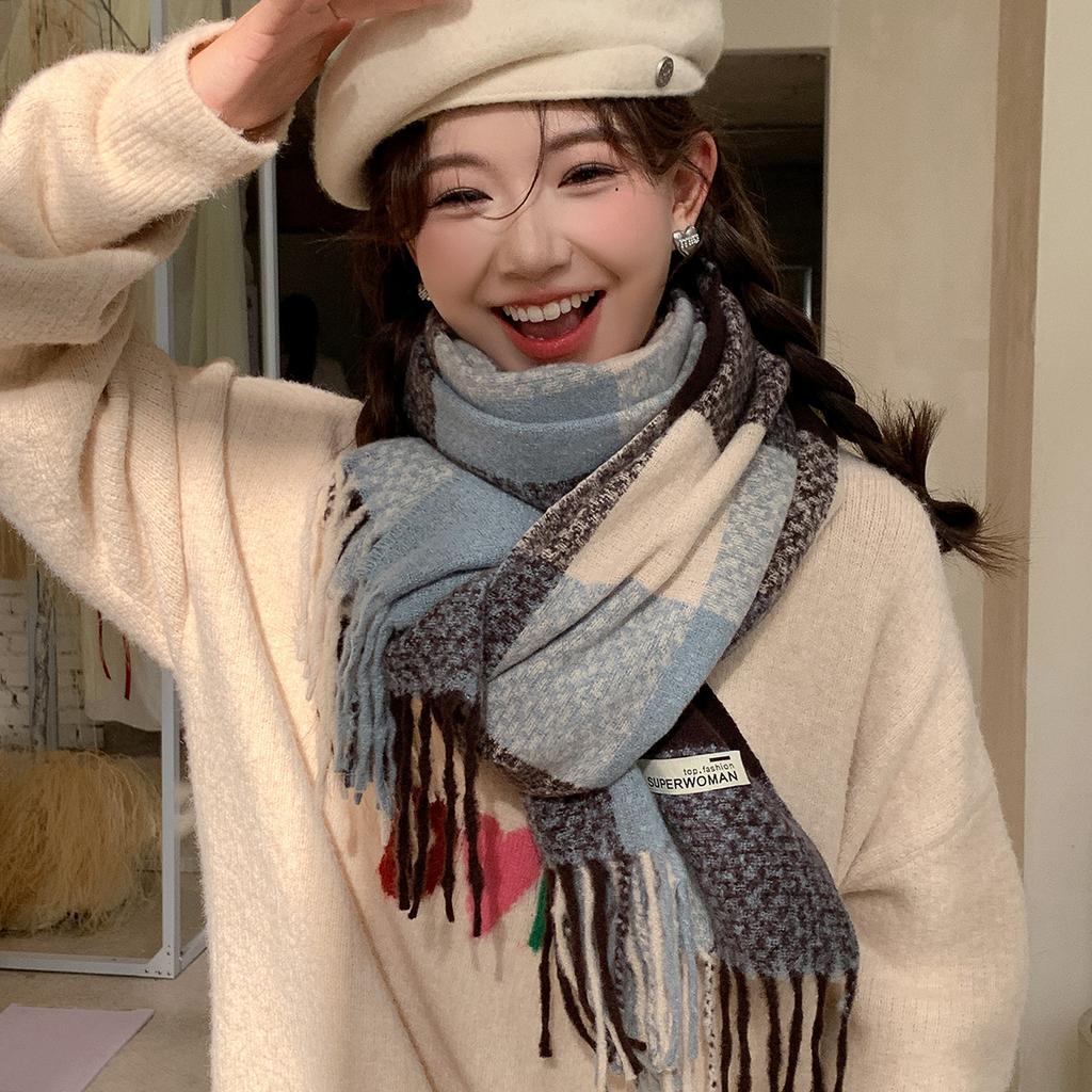 1116 New Square Plaid Thickened Scarf Femininity Versatile Warm Scarf Advanced Sense Color Matching Tassel Shawl