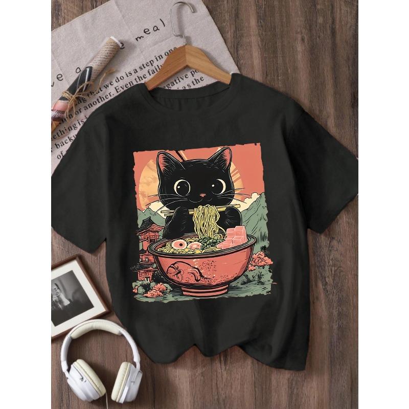 Kids Cartoon Black Cat Eating Instant Noodles Graphic Crewneck Short Sleeve T-Shirt