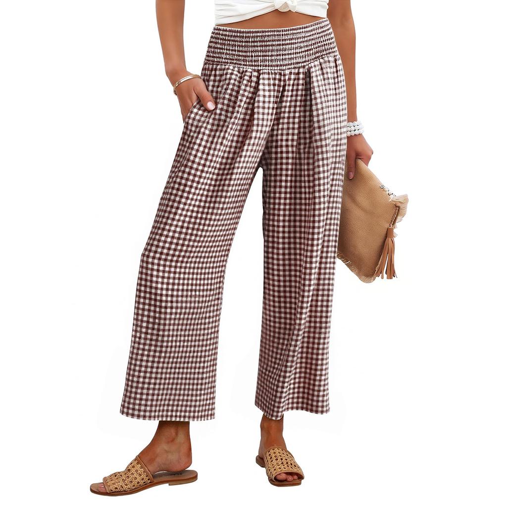Women's Fashion Loose Pleated Elastic Waist Pocket Checkered Casual /10 Pants