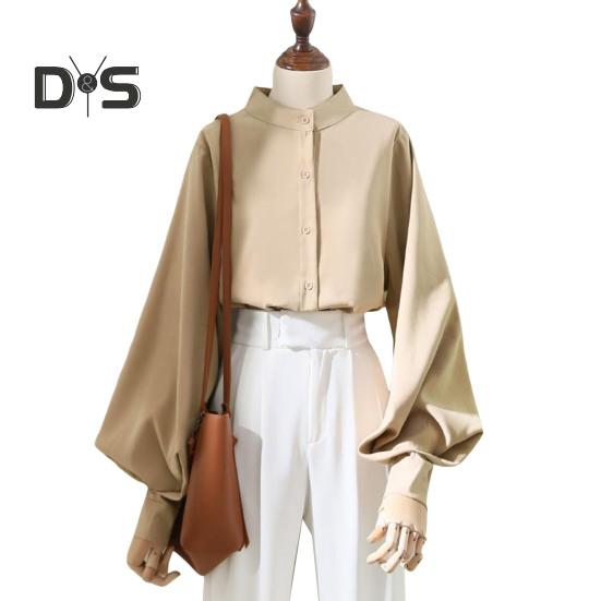 Dámská košile stojánek s límečkem Lucerna s dlouhým rukávem jednobarevná košile volného střihu jednořadá kancelářská dámská košile