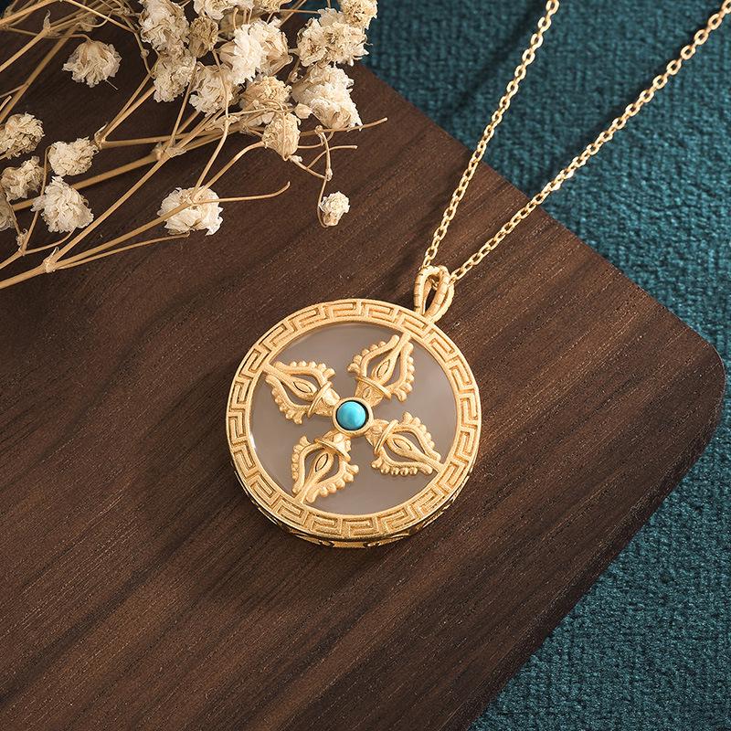 Nepalese Cross Vajra Pendant with Imitation Hetian Jade Amulet Necklace