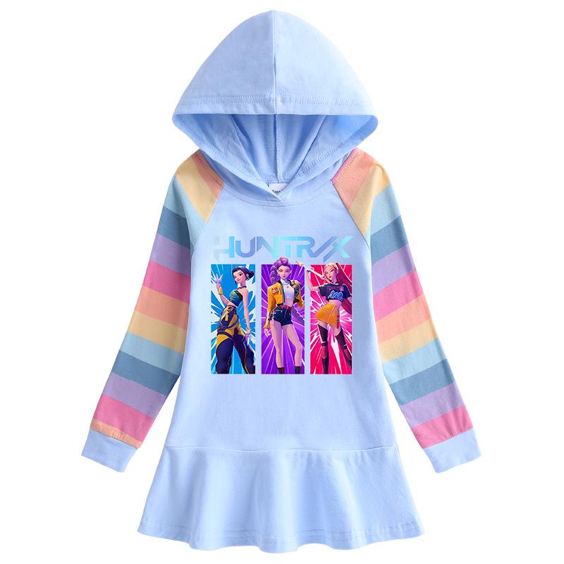 Kpop Demon Hunter Girls' Rainbow Ruffle Hooded Dress – Long Sleeve Princess Style for Spring & Autumn