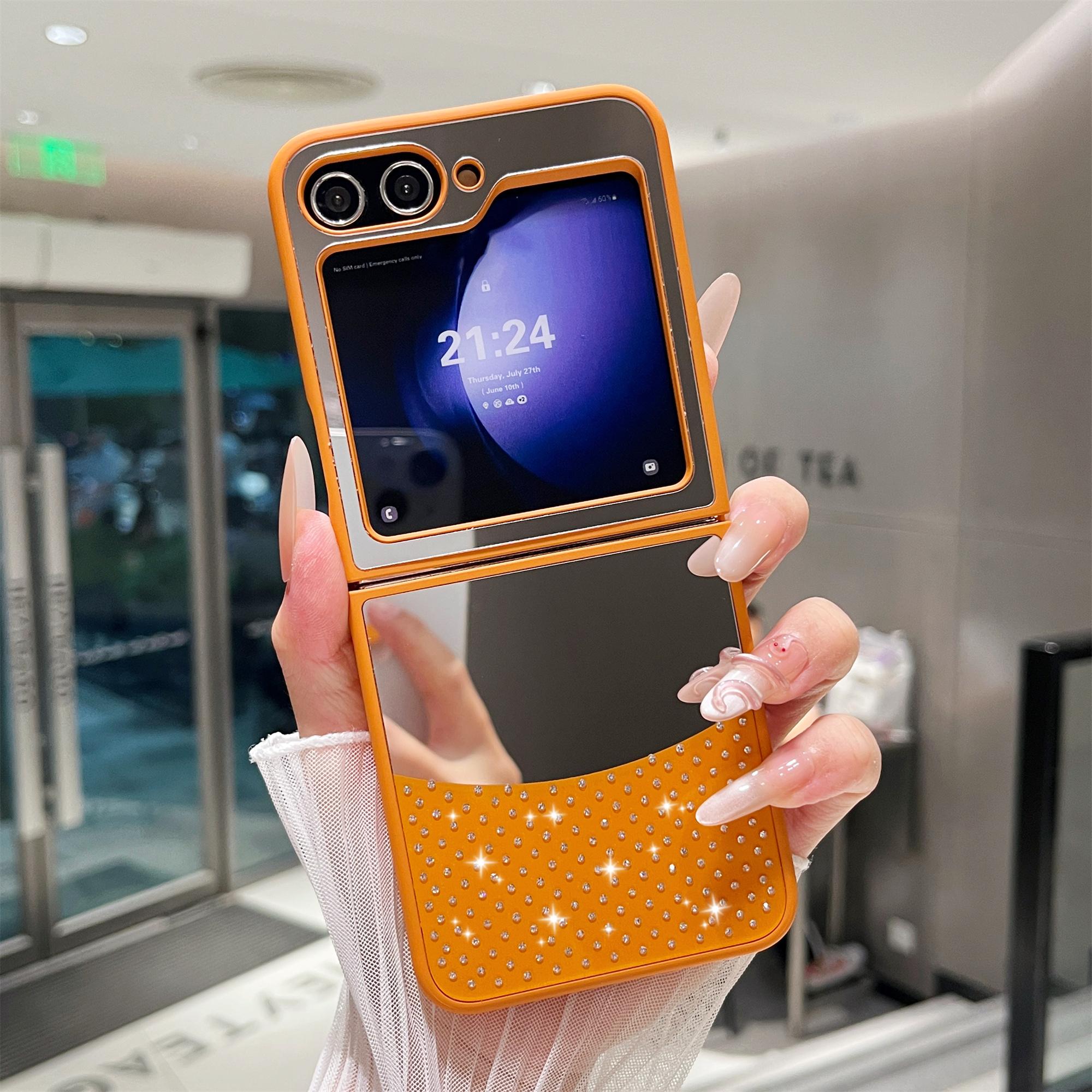 

For Samsung Galaxy Z Flip6 5G Case Mirror Surface TPU+PC Shockproof Phone with Metal Lens Frame Orange