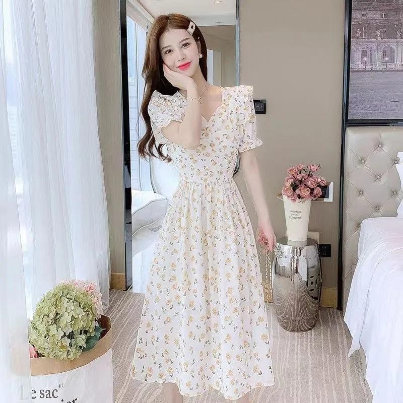 Little fresh first love sweet yellow floral dress summer new thin meat covering fairy temperament dress