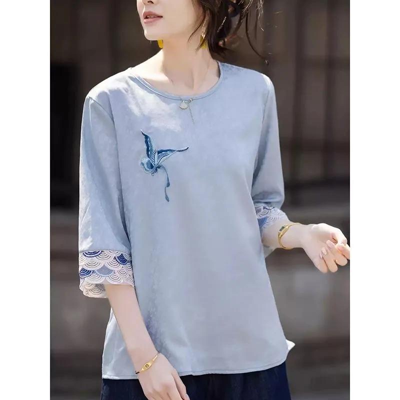 

Женская блузка в китайском стиле с вышивкой журавля, с коротким рукавом, круглым вырезом, свободного кроя, повседневный топ с кружевными манжетами L синий