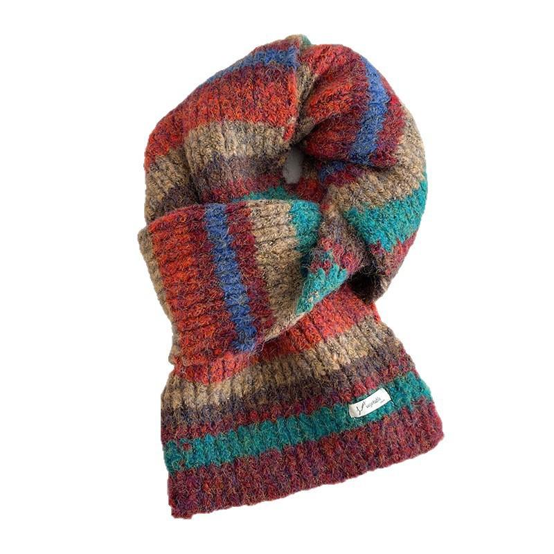 Soft Knitted Scarf Women Winter Warm Thick Striped Infinity Loop Vintage Color Block Style