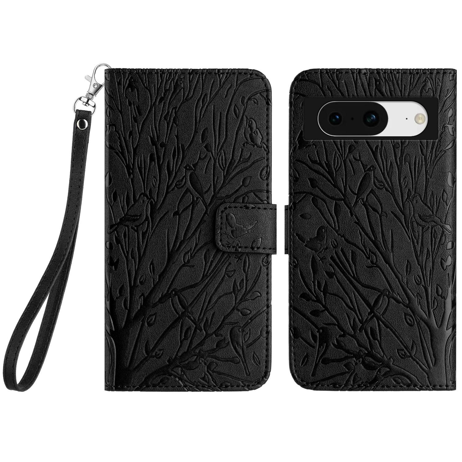 

For Google Pixel 8 Leather Case Tree Bird Imprint Flip Stand Wallet Phone Cover Black