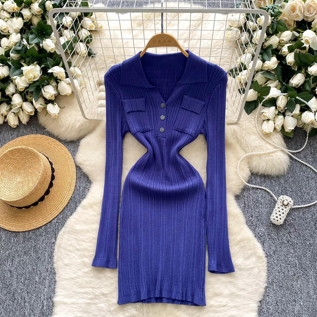 Spring Autumn Women Elegant Polo Collar Full Sleeve Knitted Sweater Mini Short Sheath Dresses