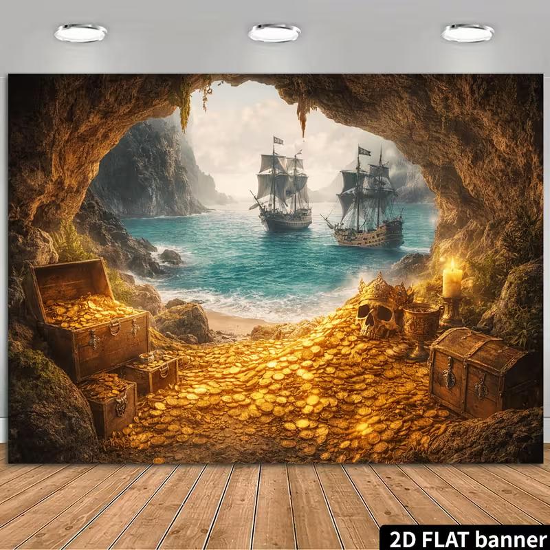

2D Flat Printing Pirate Backdrop, Treasure Cave & Ships Party Background 47.2x31.5inch/120*80cm