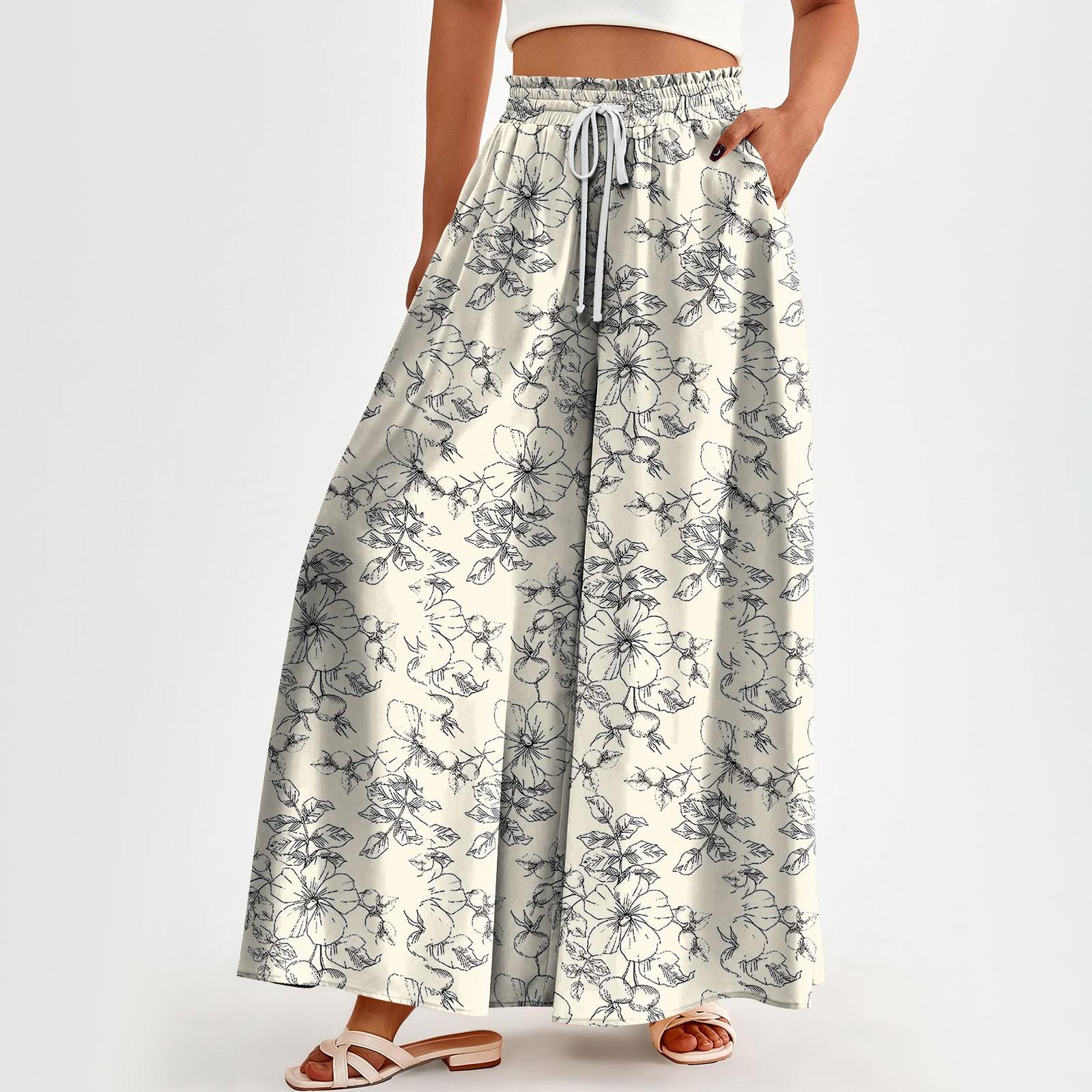 

Женские брюки с высокой талией, широкие, повседневные, струящиеся брюки-палаццо, брюки с цветочным принтом и карманом XXL бежевый