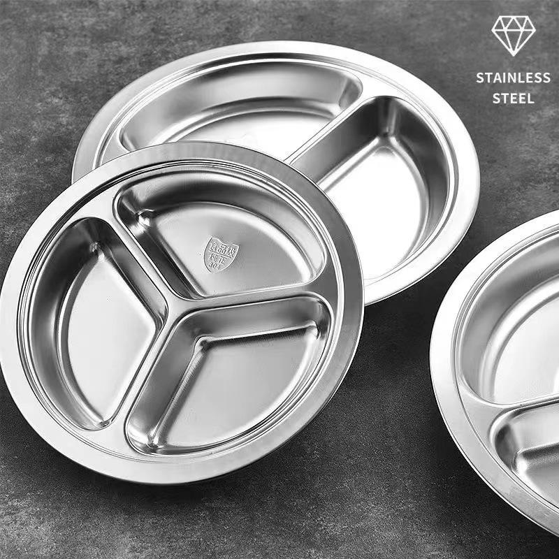 304 Stainless Steel Three-Compartment Lunch Tray for Kids - Round Meal Plate for Kindergarten, Students, and Babies