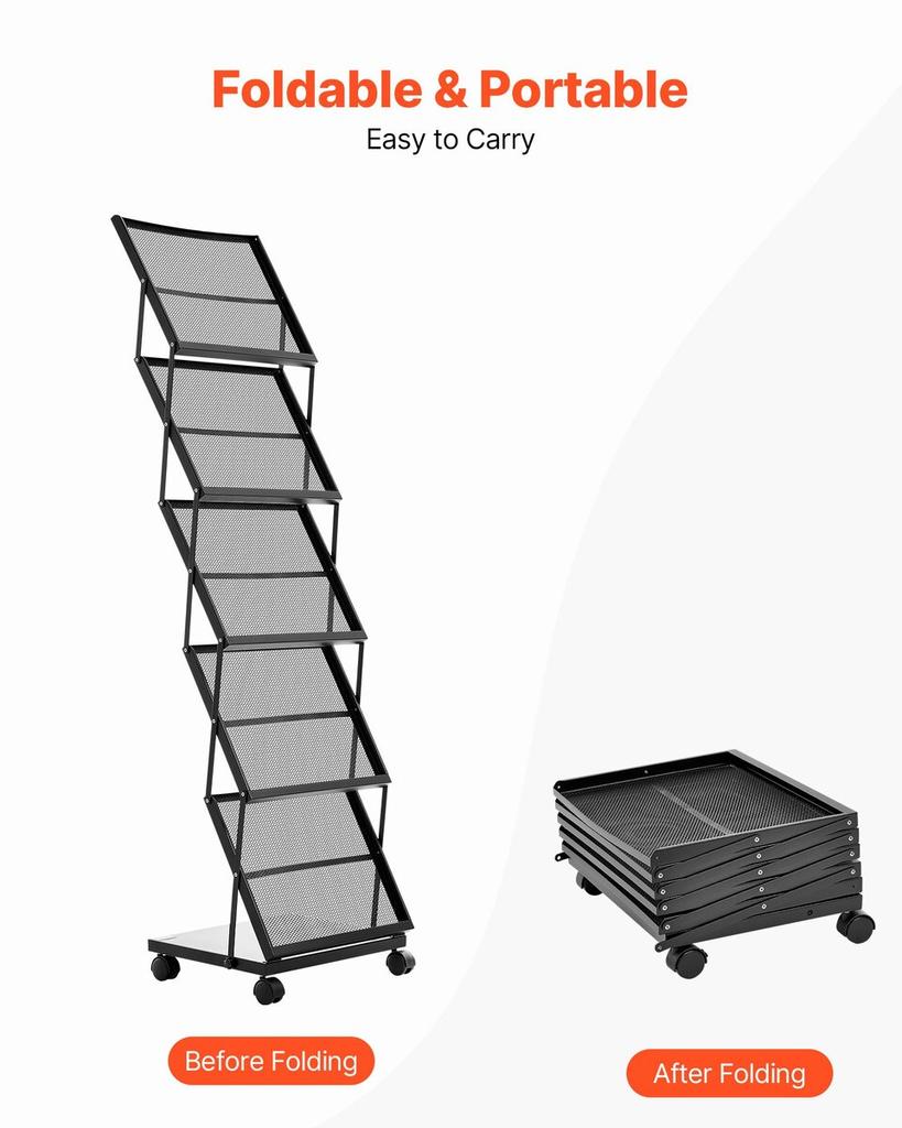 Brochure Display Rack, Foldable 5 Pockets Magazine Literature Display Stand, Movable Floor Standing Magazine Rack with Wheels, Metal Newspaper Catalog