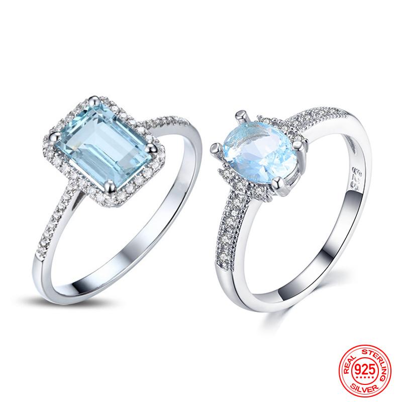 

Аутентичные стерлингового серебра 925 пробы, квадратные синие прозрачные кольца с цирконием на палец для женщин, свадебные украшения, подарок на помолвку