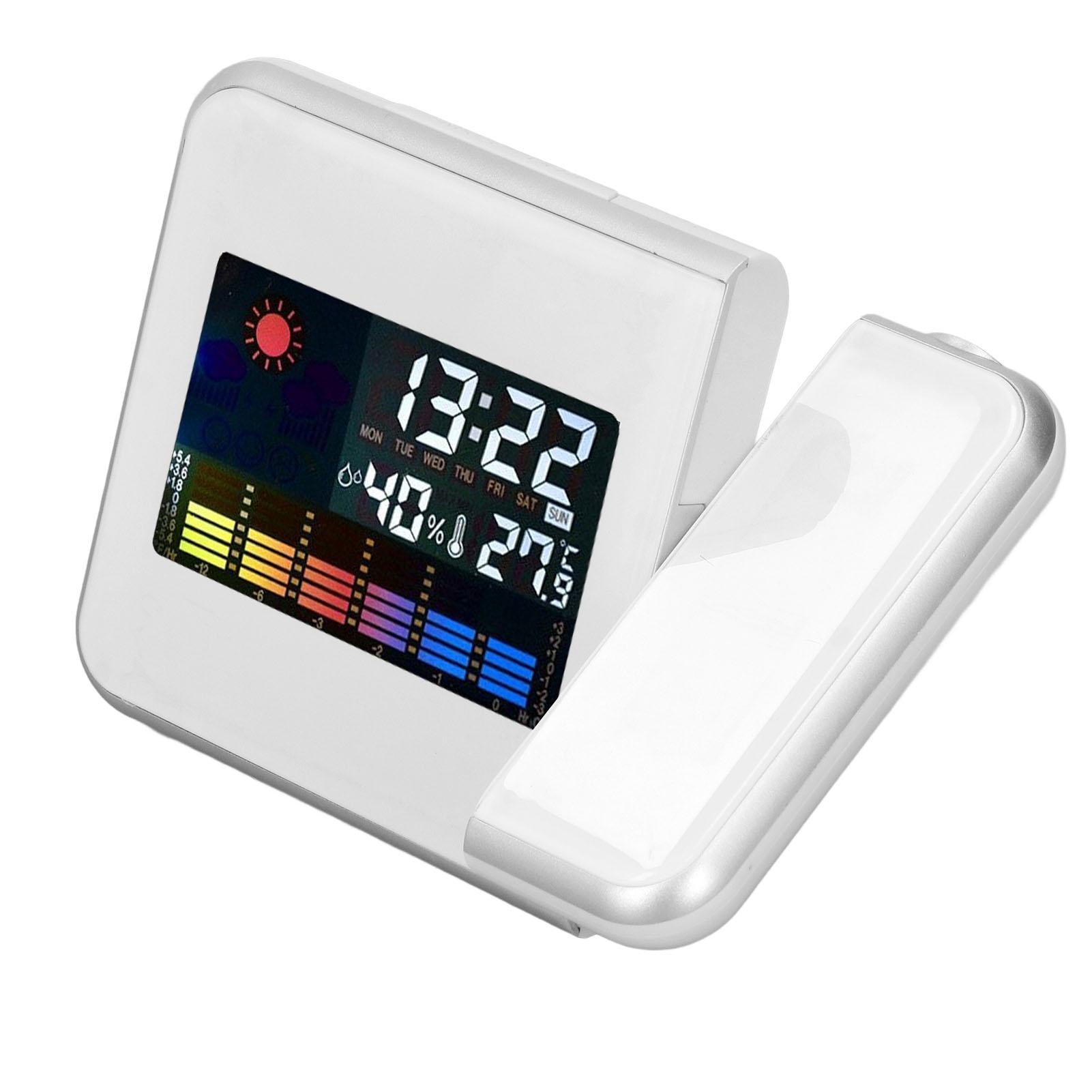 

Weather Station Clock Temperature Humidity LCD Color Display LED Backlight Snooze Function Projection Alarm Clock White