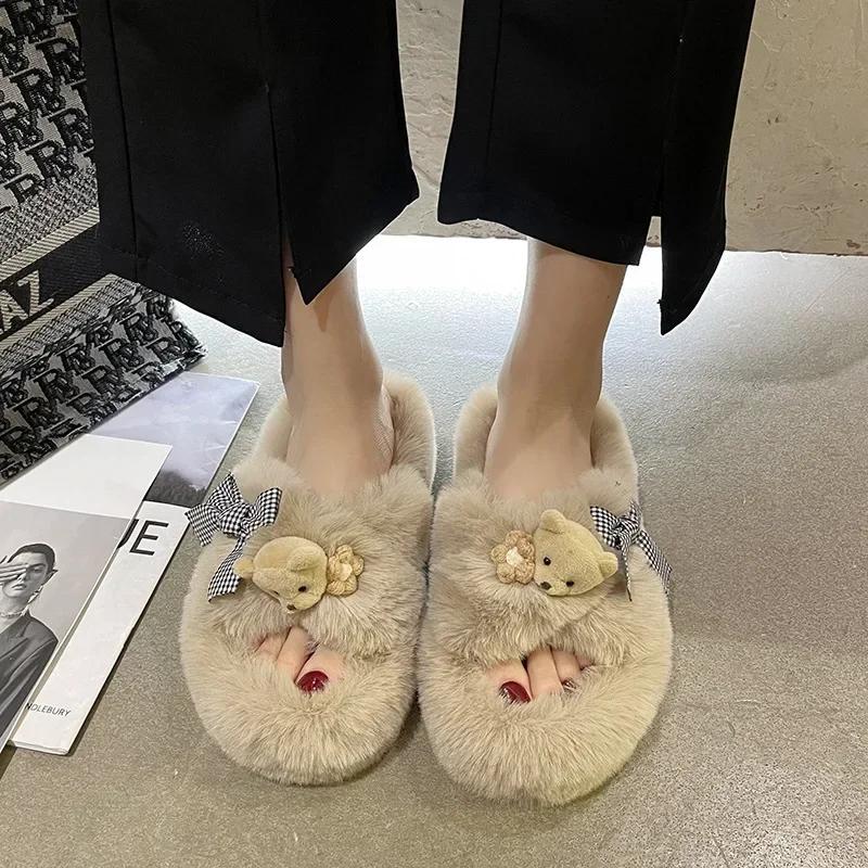 

Модные зимние тапочки женские милые пушистые меховые тапочки с медвежьим крестом домашние шлепанцы на платформе плоские домашние шлепанцы женские туфли88 40