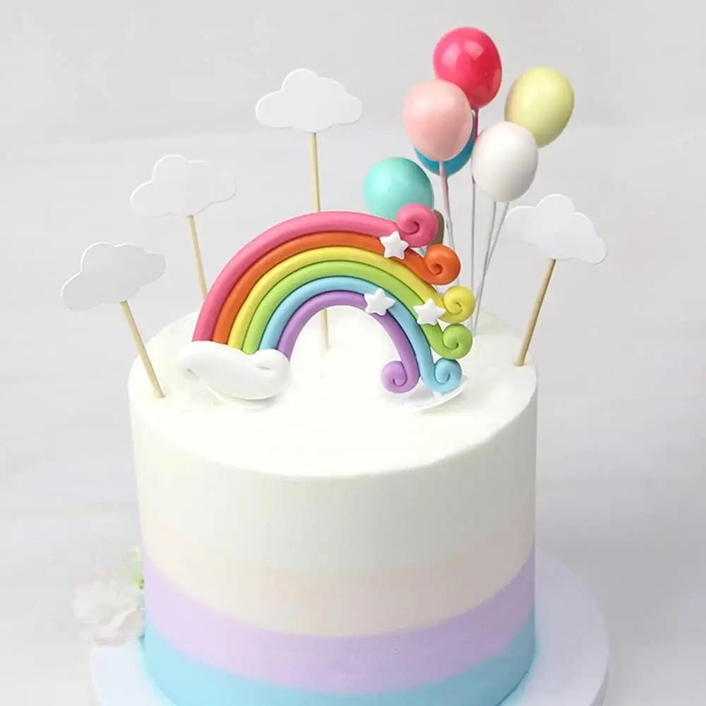 Happy Birthday Banner Topper Handmade Cupcake Topper Including Colorful Rainbow Clouds Balloon Stars Picks Party Decoration