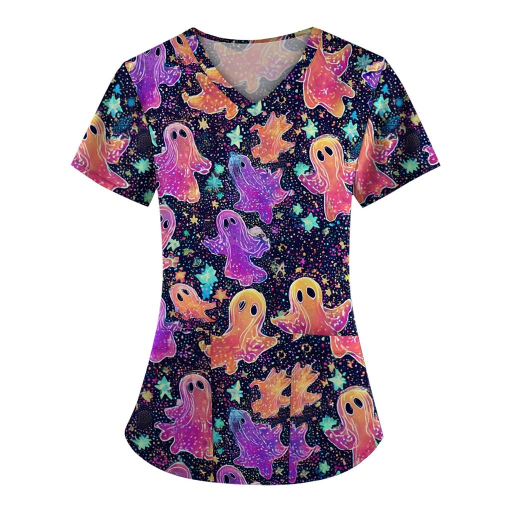 Velká velikost Potištěná srubová pracovní uniforma pro ženy s překříženým výstřihem do V Halloween potisk Zábavná trička s krátkým rukávem Pracovní oblečení Tričko s kapsami