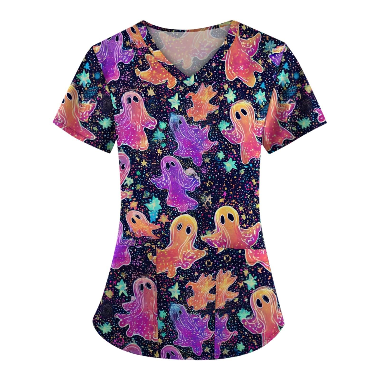 

Плюс размерСкраб с принтом Рабочая форма Топы для женщин Крест V-образным вырезом Хэллоуин Принт с короткими рукавами Забавные футболки Спецодежда Футболка с карманами L фиолетовый