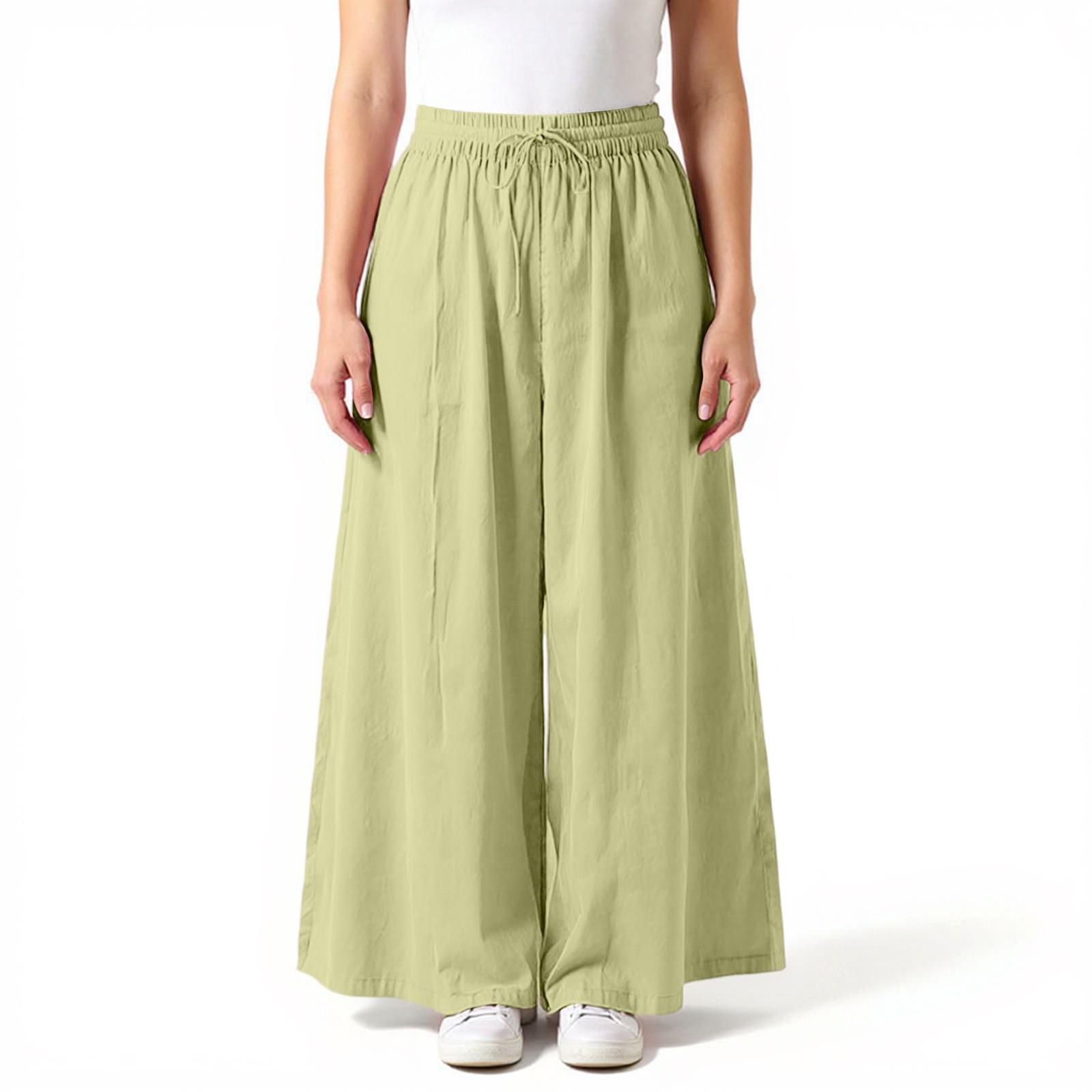 

Women s Fashionable Solid Color Cotton And Linen Straight Leg Pants With High Waist And Elastic Waist Casual Pants M зелёный