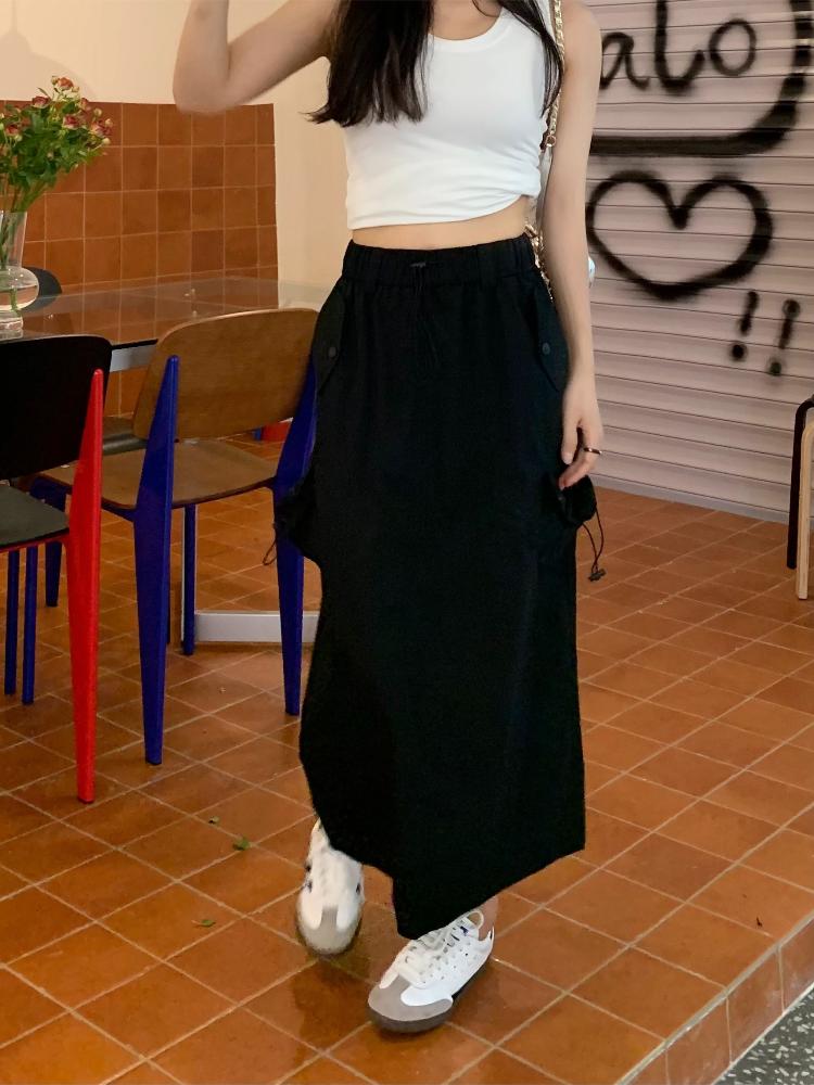 Chic Drawstring Pocket Design Cargo Skirt Women Summer Retro High Waist Gyaru Split Long Skirts Harajuku Fashion Streetwear New