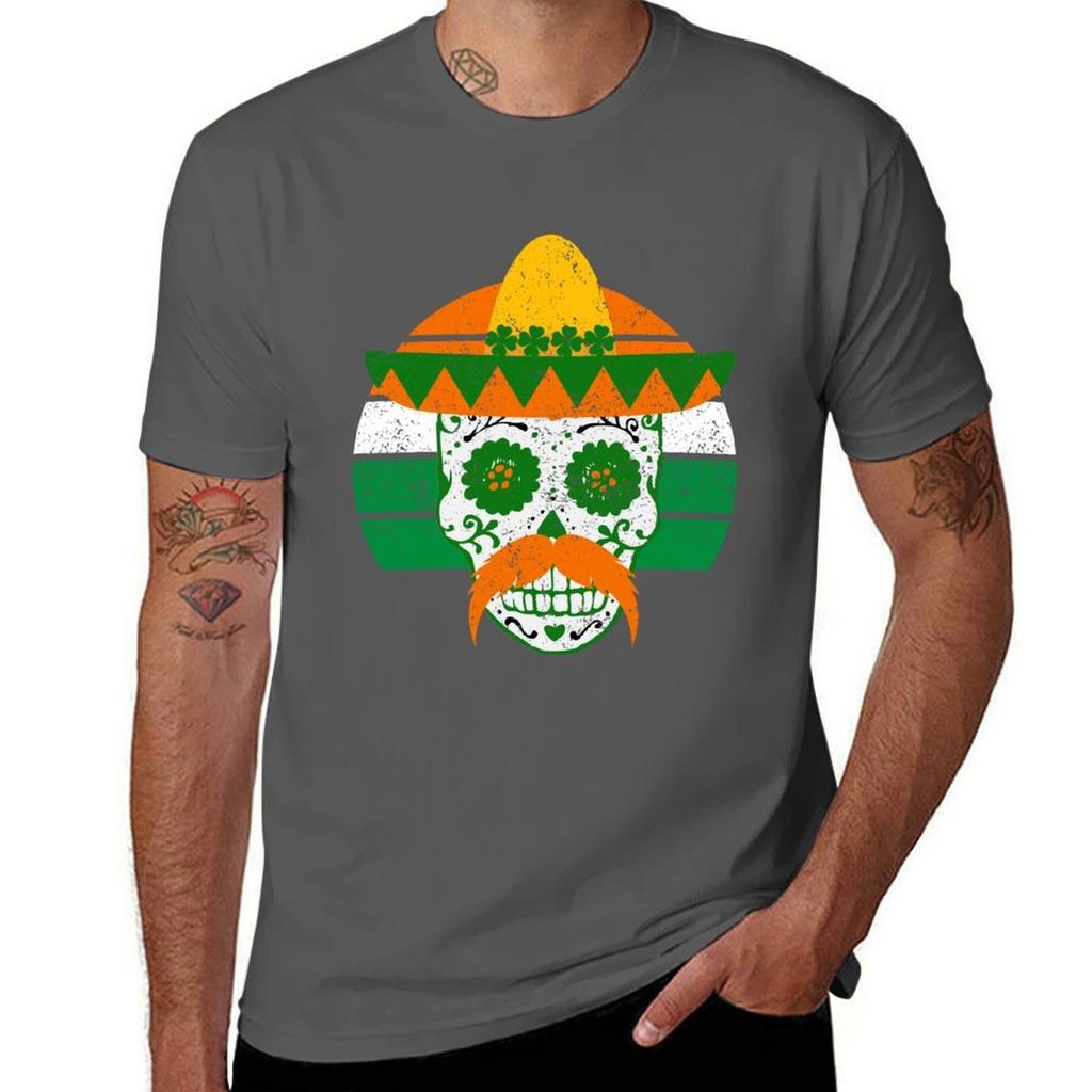 Sugar Skull St Patricks Day Irish Mexican Distressed Vintage Sunset TShirt man t shirt luxury cotton t shirts man 100 TShirt
