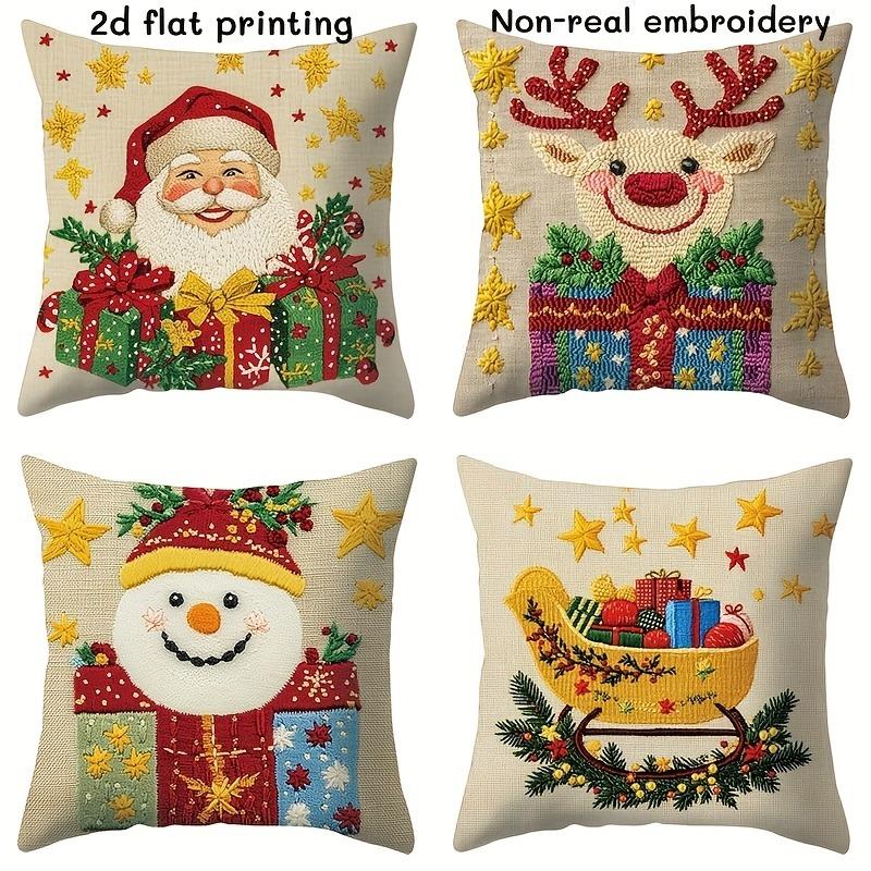 Christmas Magic: Santa, Reindeer, Snowman & Sleigh Pillowcases - 2d Flat Printing & Non-real Embroidery New Year home decoration 16x16Inch