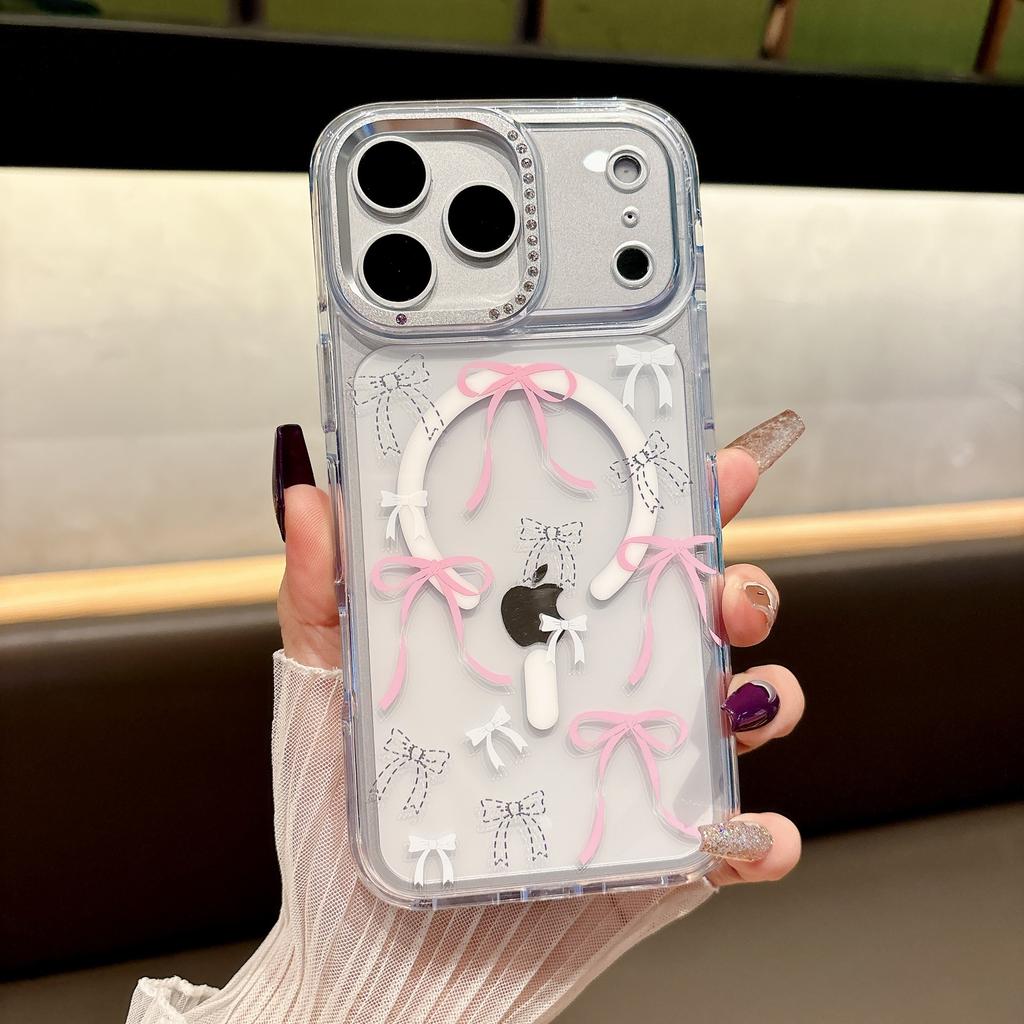 Applicable To Iphone16 Mobile Phone Case Diamond Lens Frame Apple 17 Transparent Magnetic Case Small Fresh Flower 15pro