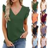 Women's Casual Color Cotton Sense V-Neck Wooden Ear Trim Short Sleeve Top