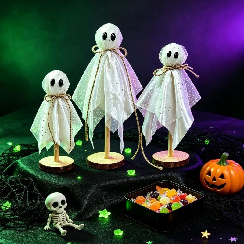 Reflective Fabric Halloween Spirit Figure Set, Three Standing Figures in Varied Sizes with Wooden Discs for Living Room, Entryway, and Office Displays