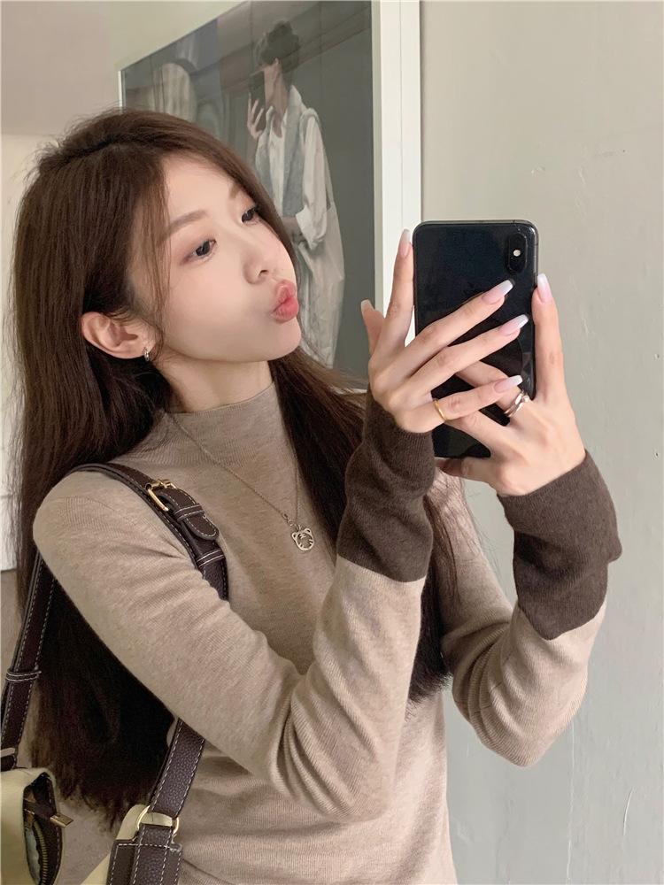 

Contrasting color fashion semi-turtleneck long-sleeved knitted sweater women s autumn and winter slim-fitting and thin bottom top L хаки