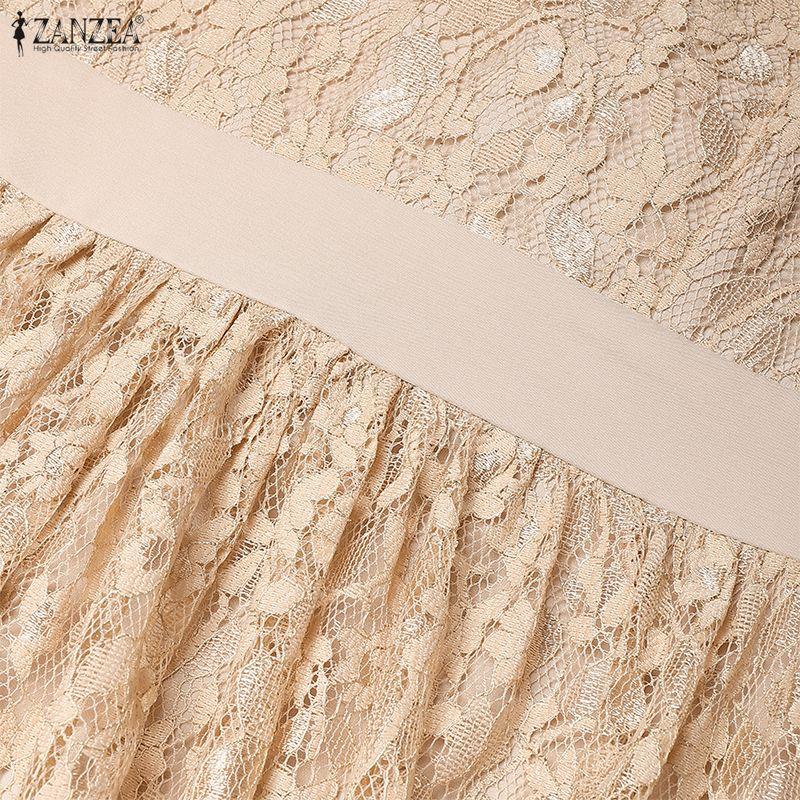 ZANZEA Damen Lässiges Stehkragen 3/4 Ärmel Lockeres Patchwork Spitzenkleid