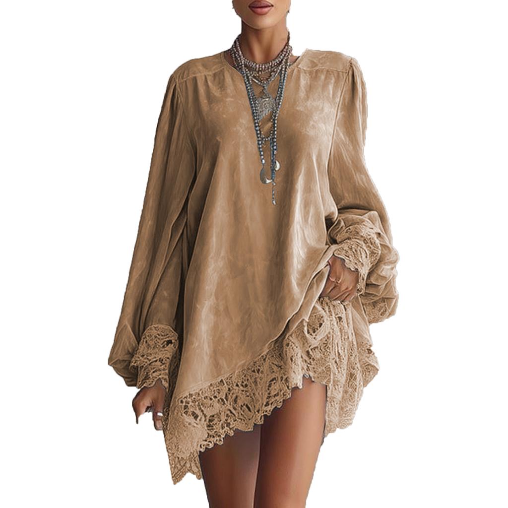 Damenmode einfarbiges Kleid mit Spitzenbesatz