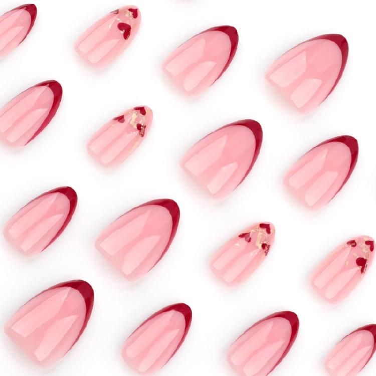 Valentines Day False Nail Short Almond French Tip Heart Glittering Glossy Glues On Nail 24Pcs Set for New Year Christmas