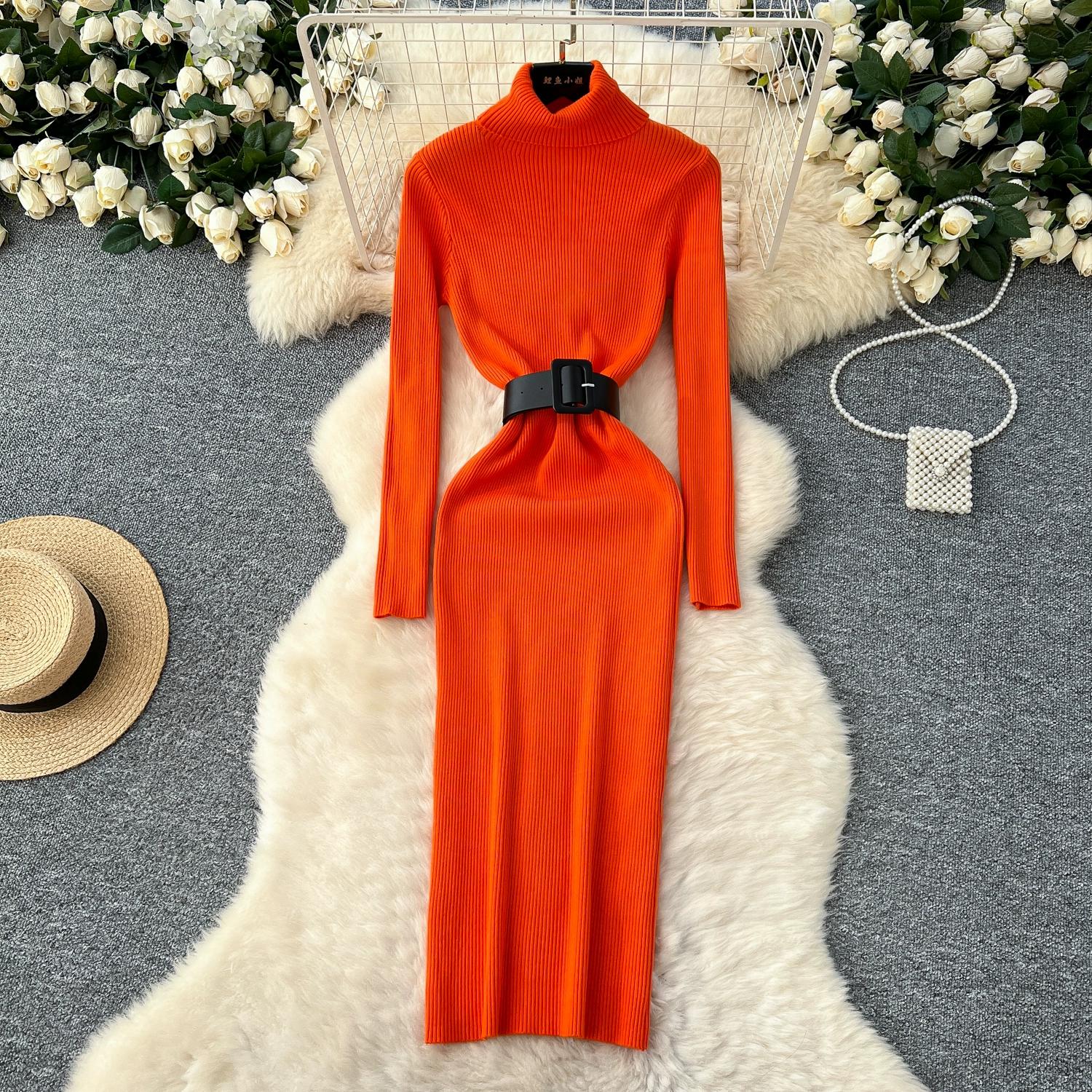 

Autumn Winter Women Elegant Turtleneck Knitted Sweater Long Midi Slim Bodycon Office Work Sheath Dresses with Belt average size оранжевый