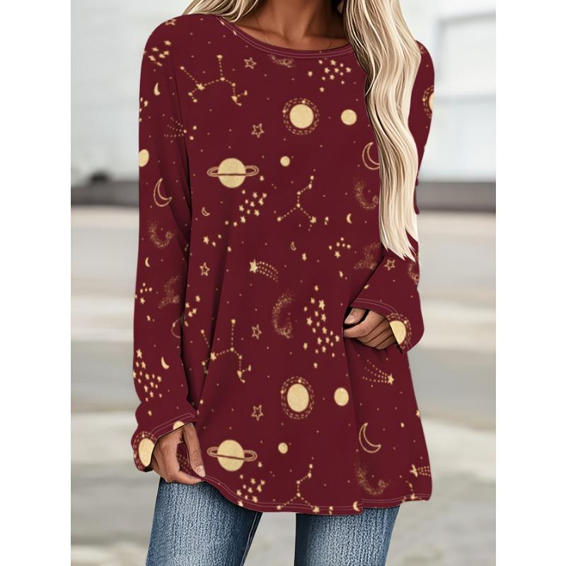 Fashionable Starry Tie Dye Gradient Print Casual Round Neck Long Sleeved T-shirt Casual Long T-shirt Top