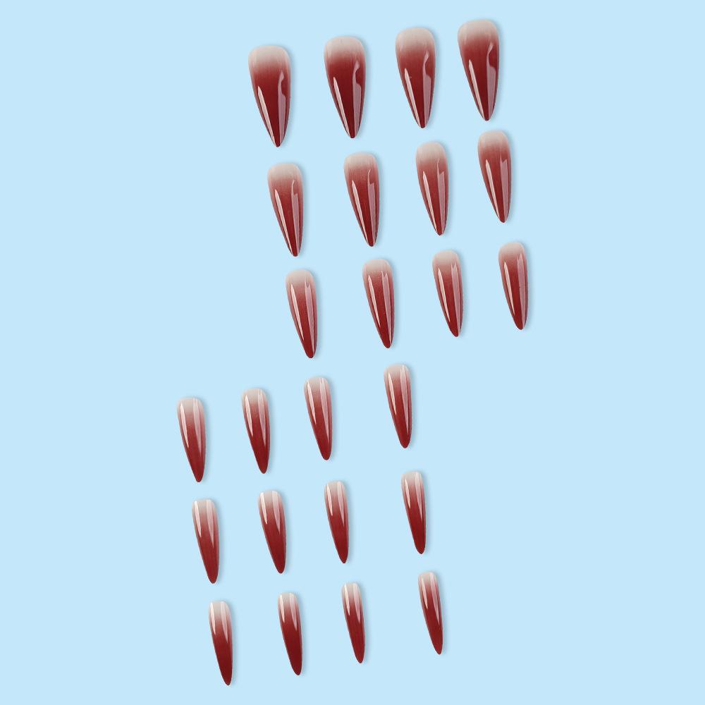 Wine Red Fake Nail Tips Long Pointed Head Glossy Press on Nails Wearable Full Cover INS Gradient Color False Nail Tips 24pcs