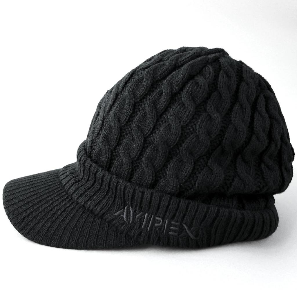 AVIREX Cable Knit Cap with and Winter Knit 023 Loose-Fit Brim, Men's Women's Cap, Black,