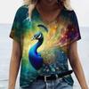 Summer Casual Beautiful Peacock Print Women Elegant Loose Casual V-neck Short Sleeved Shirt T-Shirts Women’s