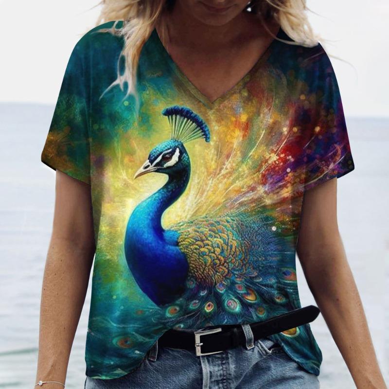 Summer Casual Beautiful Peacock Print Women Elegant Loose Casual V-neck Short Sleeved Shirt T-Shirts Women’s