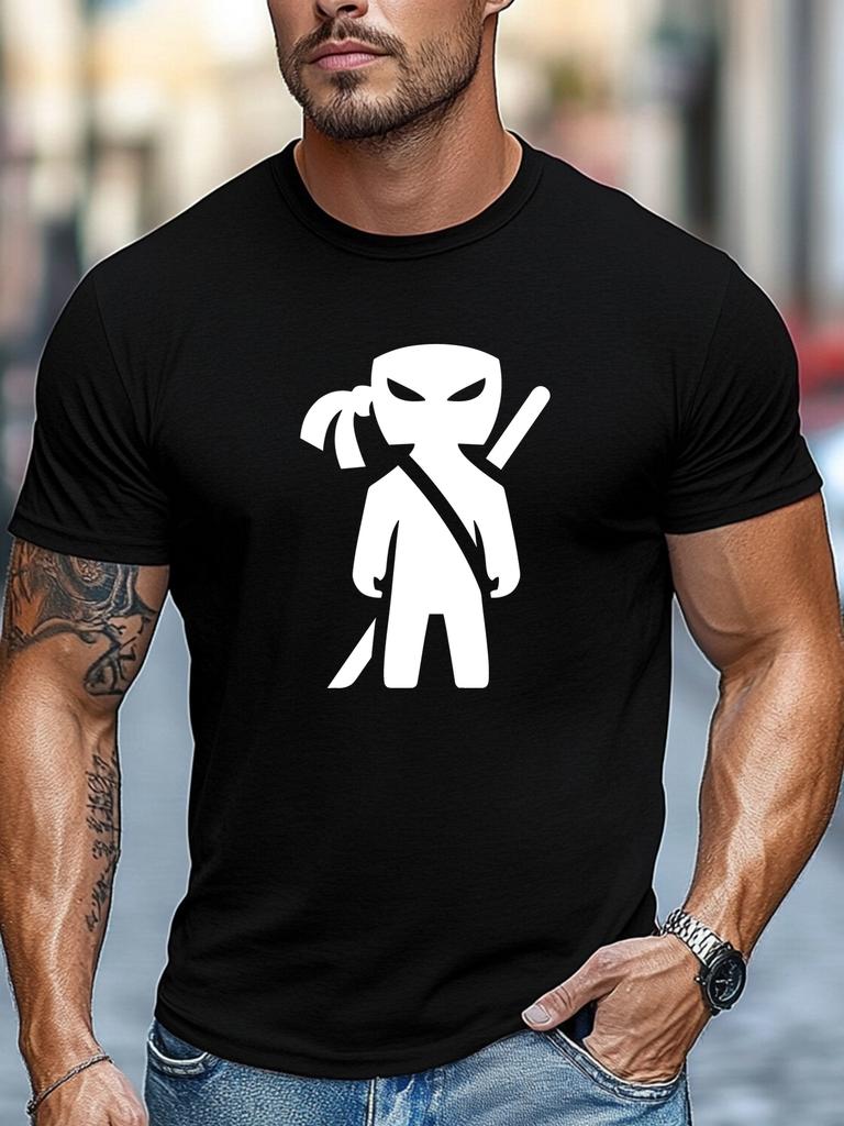 Plus Size Men's T-Shirt, Simple and Clean, Relaxed and Casual, Men's Minimalist Ninja Graphic Summer Casual Crew Neck Short Sleeve T-Shirt, PLUS SIZE
