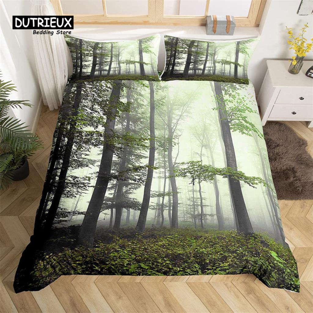Dense Birch Trees with Red Leaves Duvet Cover Tree Lush King Bedding Set Polyester Jungle Nature Botanical Print Comforter Cover