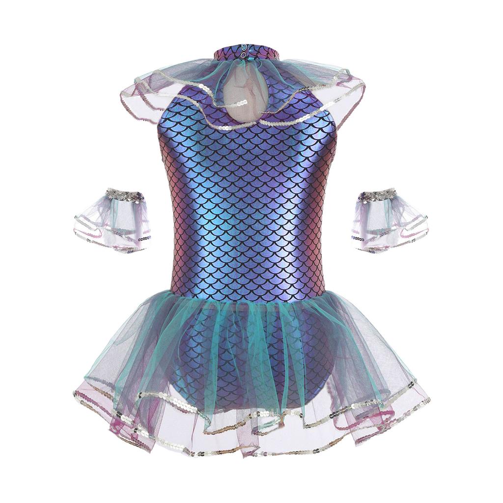 Kids Girls Mermaid Cosplay Costume: Sleeveless Mesh Sequins Bodysuit with Fish Scales Print & Arm Sleeves for Halloween Party