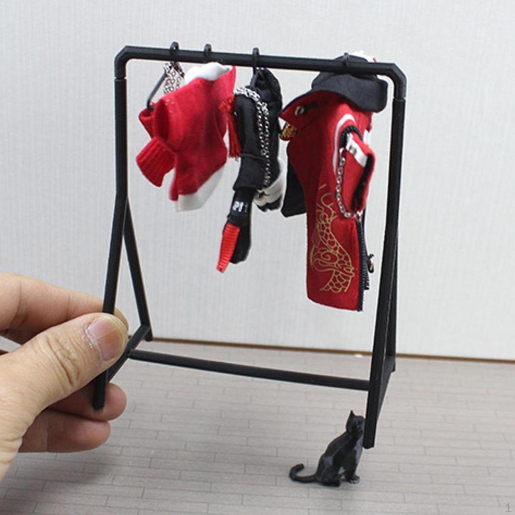 1/12 Dollhouse Garment Rack with Hangers Doll Accessories Decoration Handmade Mini Model for