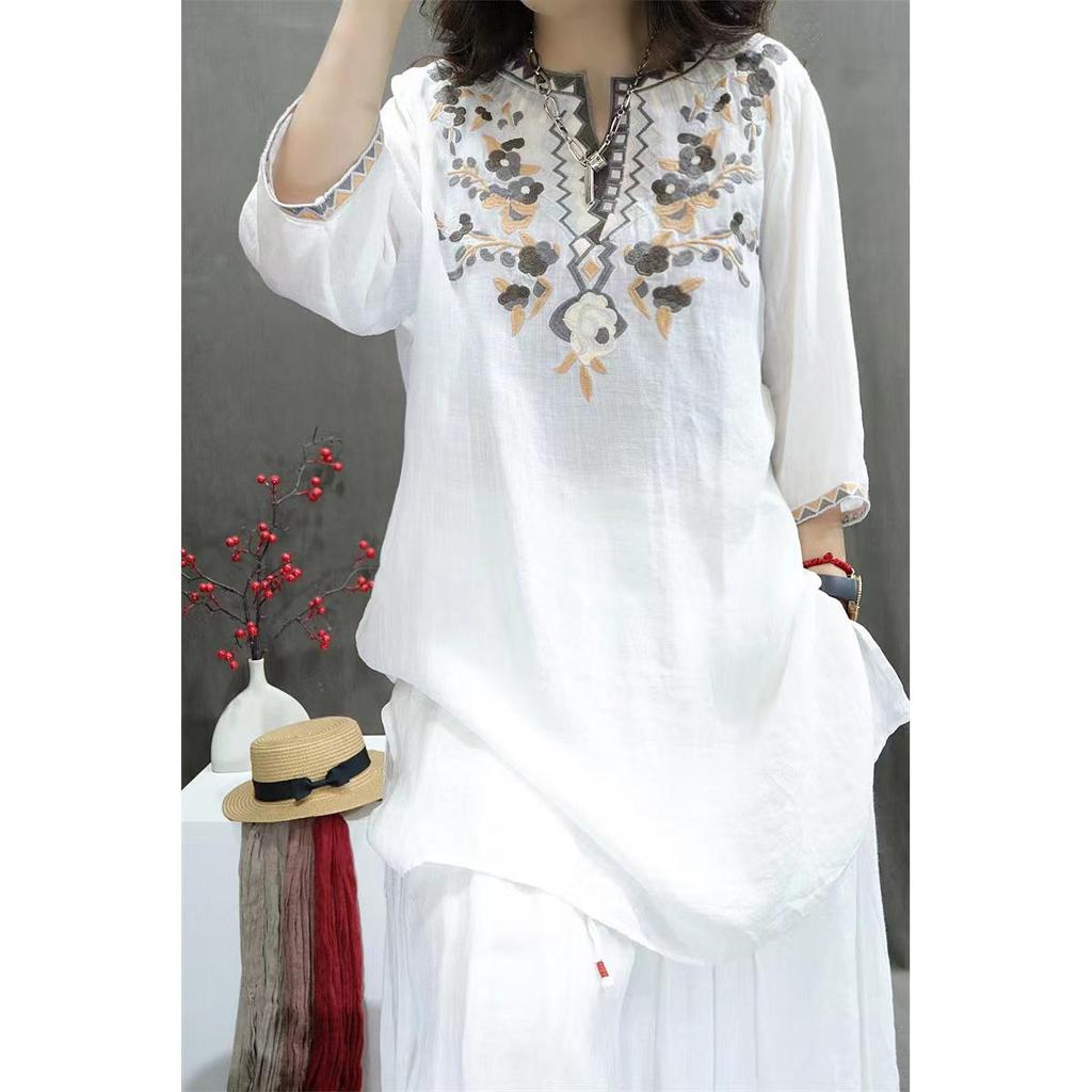 Women's's Summer Floral Embroidery Long Blouse Vintage Thin Split Shirts Medium To Long Loose Cotton Linen Shirt